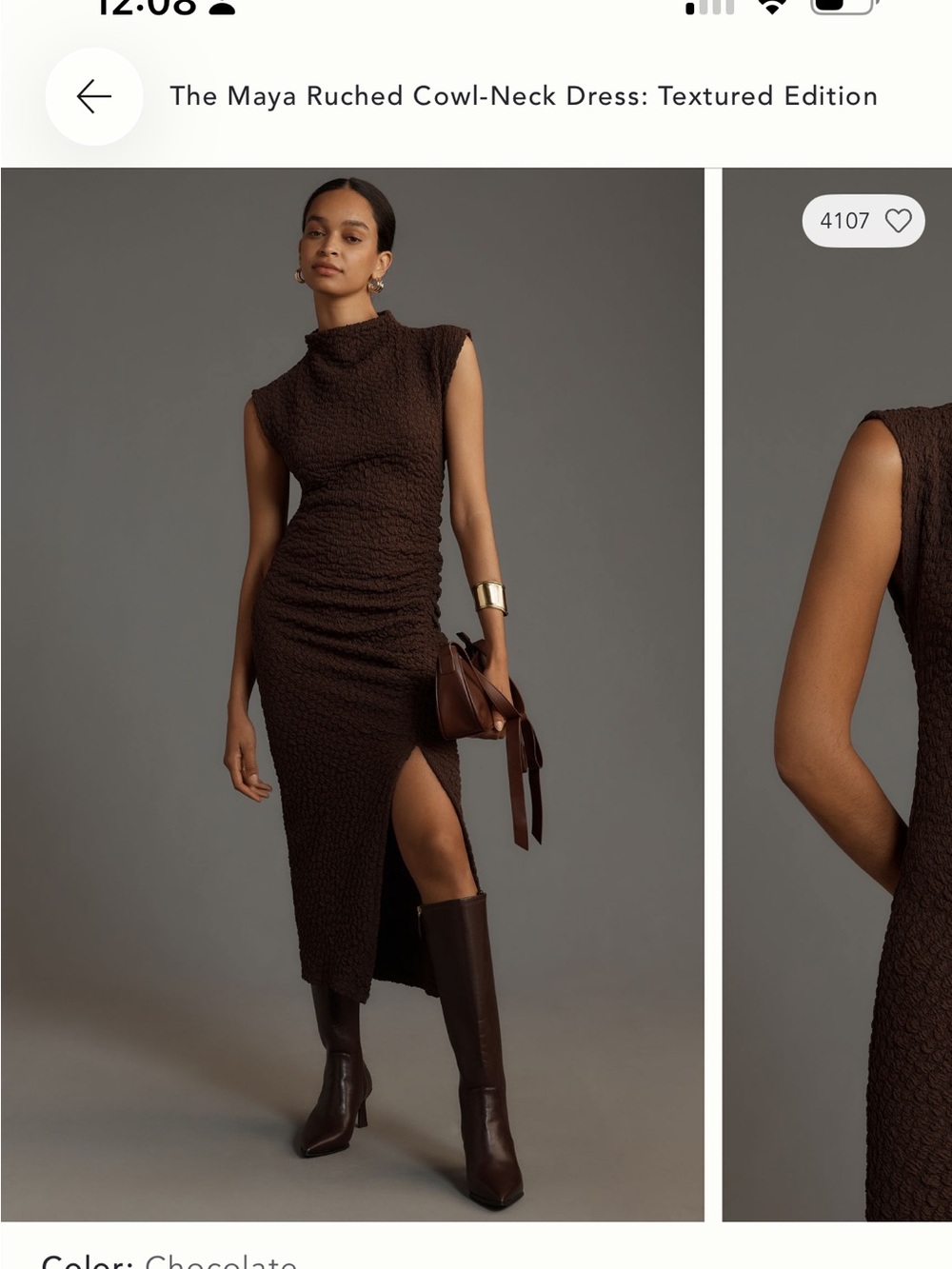 Anthropologie Chocolate Textured Ruched Cowl-Neck Midi Dress